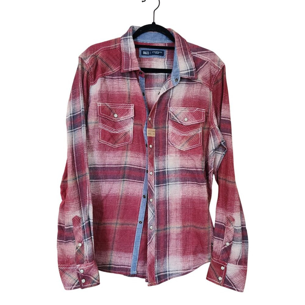 BKE Buckle Plaid Flannel Pearl Snap Mens Long Sleeved Shirt Size Large NWT